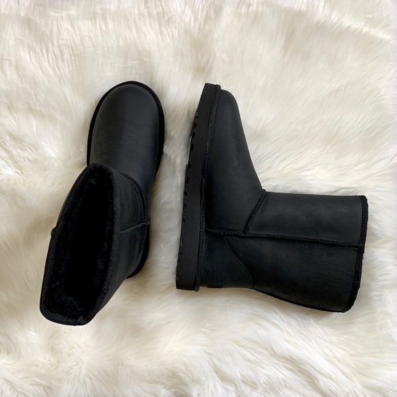 UGG Classic Short Black Leather Boots - Picture 2 of 8